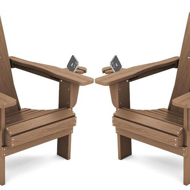 SERWALL Adirondack Chair with Cup Holders - Composite Adirondack Chairs Set of 2 HDPE Outdoor Chairs All Weather Use- Brown