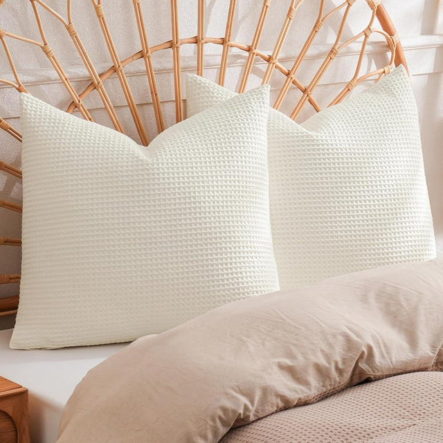 PHF 100% Cotton Waffle Weave Throw Pillow Cover, 22" x 22", No Filling, 2 Pack Elegant Home Decorative Square Throw Pillow Covers for Bed Couch Sofa, Cream