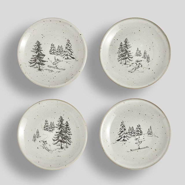 Rustic Forest Skier Stoneware Appetizer Plates, Mixed Set of 4