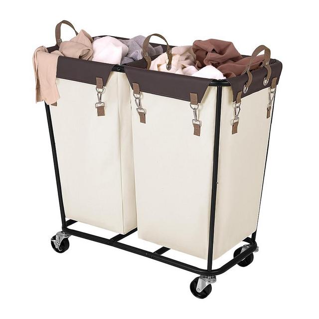 StorageWorks 280L Large Lanudry Hamper with Wheels, Laundry Basket with Wheels 2 Sections, Clothes Sorter Cart with Divider for Hotel, Home, Beige, 1-Pack