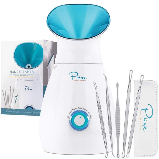 NanoSteamer Large 3-in-1 Nano Ionic Facial Steamer with Precise Temp Control - 30 Min Steam Time - Humidifier - Unclogs Pores - Blackheads - Spa Quality - Bonus 5 Piece Stainless Steel Skin Kit