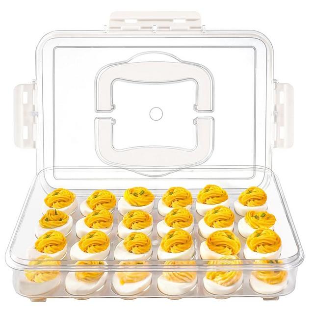 MesRosa Deviled Egg Containers with Lid and Handle, Durable Clear Plastic Deviled Egg Carrier Storage 24 Eggs, Stackable Egg Holder for Fridge, Portable Tray Platter for Party & Picnics-1 Pack White