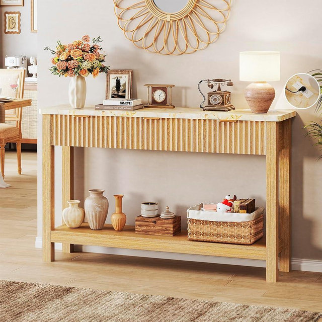 HUAHUU 47.2" Fluted Console Table with 3 Drawers, Long Sofa Table with Storage Behind Couch, Modern Entryway Table with Power Outlet & Open Storage for Entrance/Hallway/Foyer/Living Room, Oak