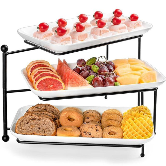 3 Tiered Serving Stand with White Porcelain Platters,Foldable Rectangular 3 Tier Serving Tray,Display Stand Server and 14 Inch Platters for Entertaining, Brithday Party, Valentine's Day and Events
