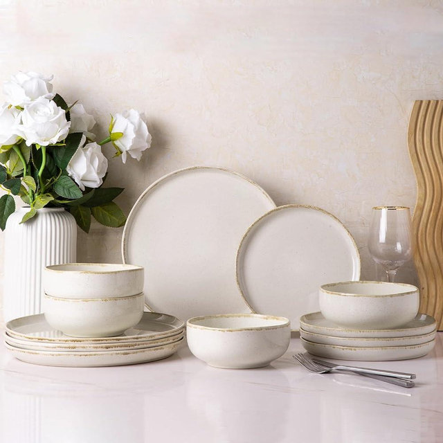 AmorArc Ceramic Dinnerware Sets, Wavy Rim Stoneware Plates and Bowls Sets, Highly Chip and Crack Resistant | Dishwasher & Microwave Dishes set, Service for 4 (12pc)-Speckled Cappuccino White