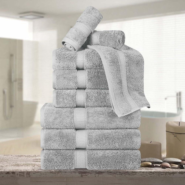 SUPERIOR Egyptian Cotton Pile 9 Piece Towel Set, Includes 3 Bath, 3 Hand, 3 Face Towels/Washcloths, Ultra Soft Luxury Towels, Thick Plush Essentials, Guest Bath, Spa, Hotel Bathroom, Silver