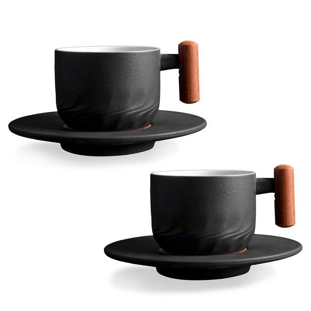 CLASGLAZ 6oz Ceramic Espresso Cup and Saucer Porcelain Latte Cup Wooden Handle Cappuccino Cup Demitasse Cup (Black-2)