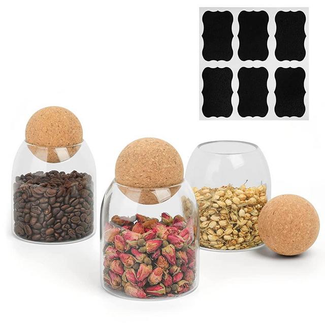 ComSaf 480ml/16Oz Glass Storage Container with Ball Cork, 3Pcs Glass Jar with Cork Lid, Round Cork Glass Bottle, Small Candy Jar with Wood Ball Lid for Food, Coffee, Sugar, Spice, Tea, DIY Decoration