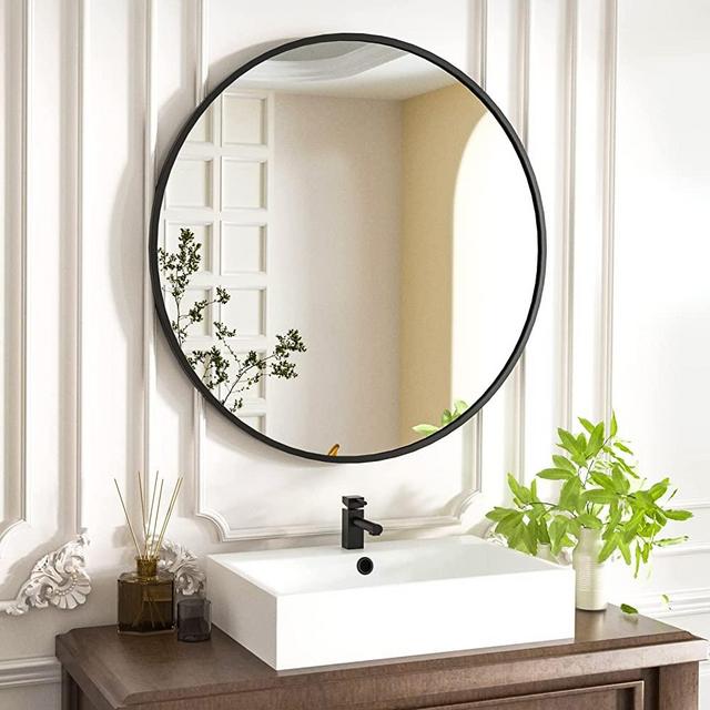 HARRITPURE Round Mirror 23.6 Black Wall Mounted Circle Mirrors Vanity Mirror with Brushed Aluminum Alloy Frame Modern Decoration for Bathroom, Living Room, Vanity, Bedroom, Entryway