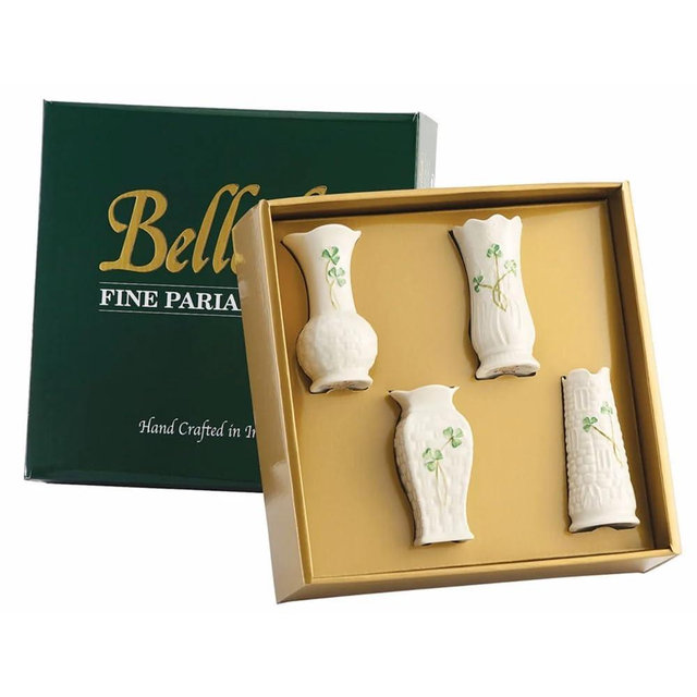Belleek Mini Shamrock Vase Set of 4 - White Flower Vase Handcrafted Fine Parian China Irish Decor, 1.6 x 4 Inches