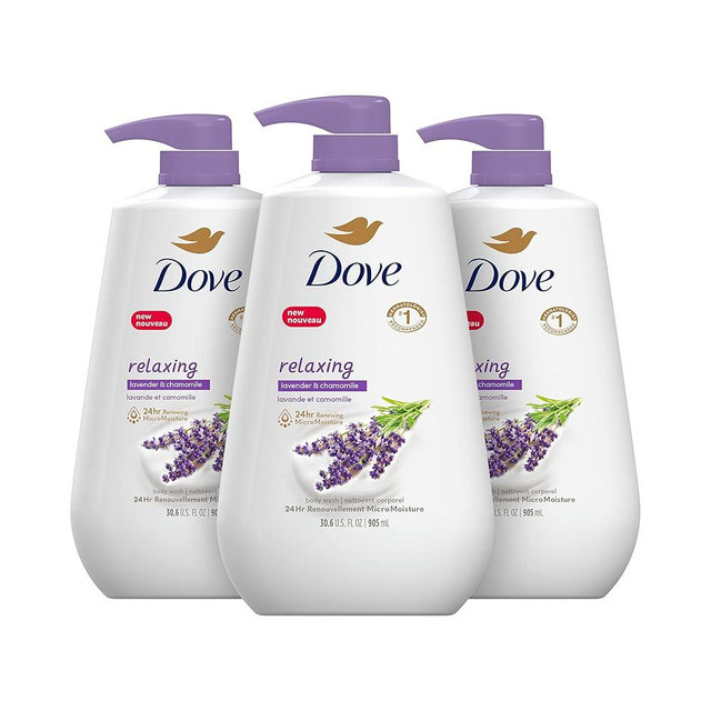 Dove Body Wash with Pump 3 Count Relax Lavender Oil & Chamomile For 24hr Lotion-Soft Skin Moisturizing Skin Cleanser with No Sulfates No Parabens