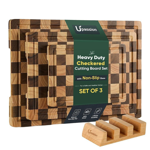3 Pack Checkered Wood Cutting Board Set Cutting Boards for Kitchen Non Slip Acacia Wood Chopping Board with Juice Grooves & Handles Wooden Chopping Board Butcher Block End Grain