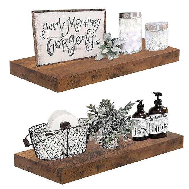 QEEIG Farmhouse Floating Shelves for Wall 24 inches Long Bedroom Shelf Set of 2 Bathroom Kitchen Living Room Mounted Shelving Shelfs 23.6" L x 9.3" D, Rustic Brown (008-60BN)