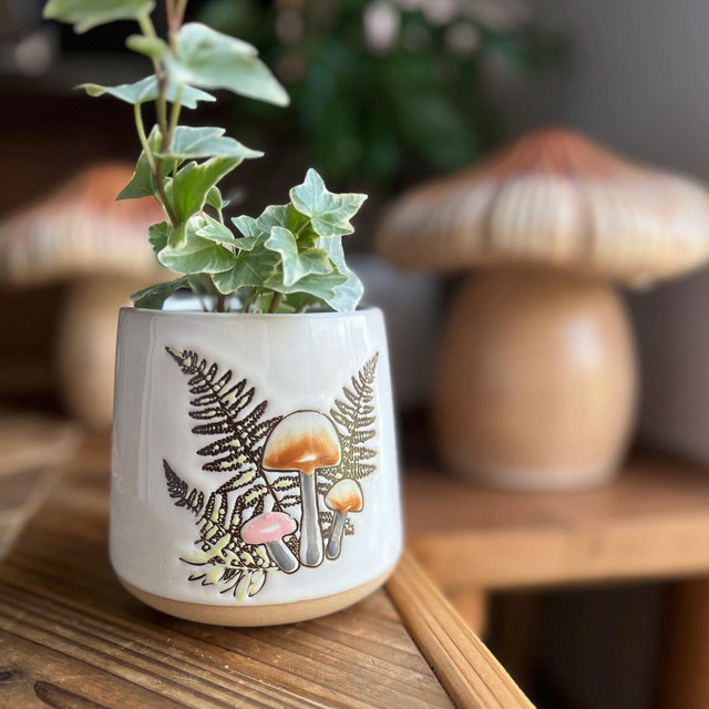 Ceramic Planter w/ Mushroom Art, Cottagecore Mushroom Decor Office, Earthy Organic Nature Decor, Mushroom Pot, Plant Love, Garden Gift