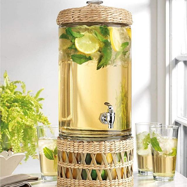 Modern Wicker Basket Ice Cold Clear Glass Beverage Drink Dispenser 2 Gallon With Spigot With Rattan Glass Base For Fruits Or Ice Bucket- Great For Parties, & Outdoors