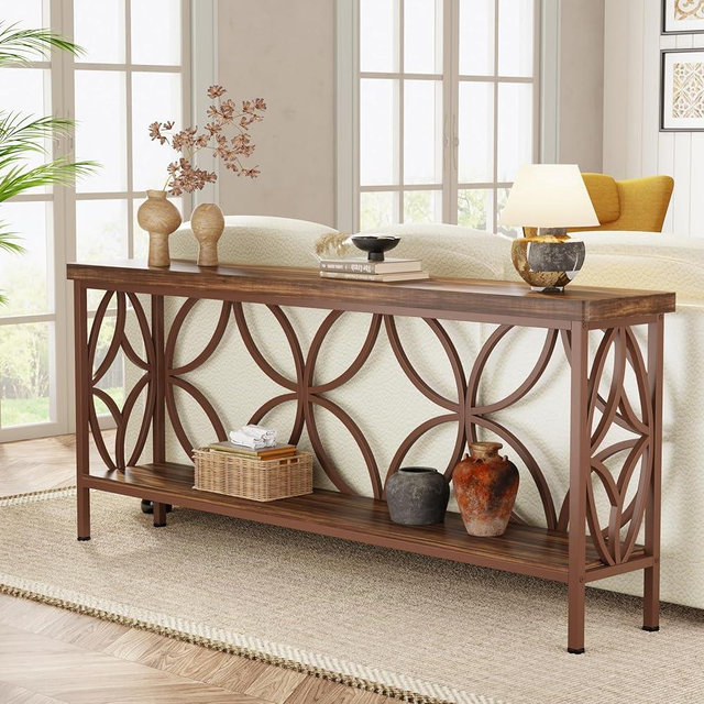 Tribesigns 70.9-Inch Narrow Sofa Table, 2-Tier Industrial Console Table Behind Couch, Long Entry Tables with Storage for Entryway, Living Room, Foyer, Hallway, Glossy Brown