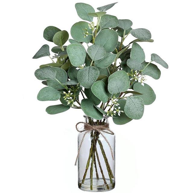 VIERENA Artificial Eucalyptus Stems in Glass Vase with Faux Water,15" Fake Plant Eucalyptus Leaves White Seeds for Centerpiece Table Decorations Farmhouse Wedding Home Greenery Decor (Grey Green)