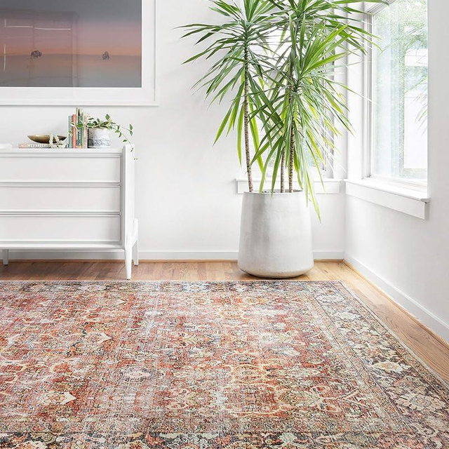 Loloi Layla Collection LAY-02 Spice/Marine 9'-0" x 12'-0" .13" Thick Area Rug, Soft, Durable, Vintage Inspired, Distressed, Low Pile, Non-Shedding, Easy Clean, Printed, Living Room Rug