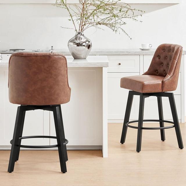 KISLOT Counter Height Swivel Barstools with Back,26" H Seat Height Upholstered Fabric Bar Stools for Kitchen Island,Set of 2,Brown Leather