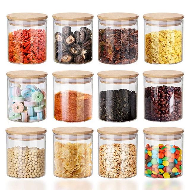 Glass Spice Jars Set, Glass Jars with wood Lids Silicon Ring, Air Tight Kitchen Canister Set Glass Storage Jars for Jam Tea Coffee Beans Cookie Snack Flour (5.3OZ-12 Pack)