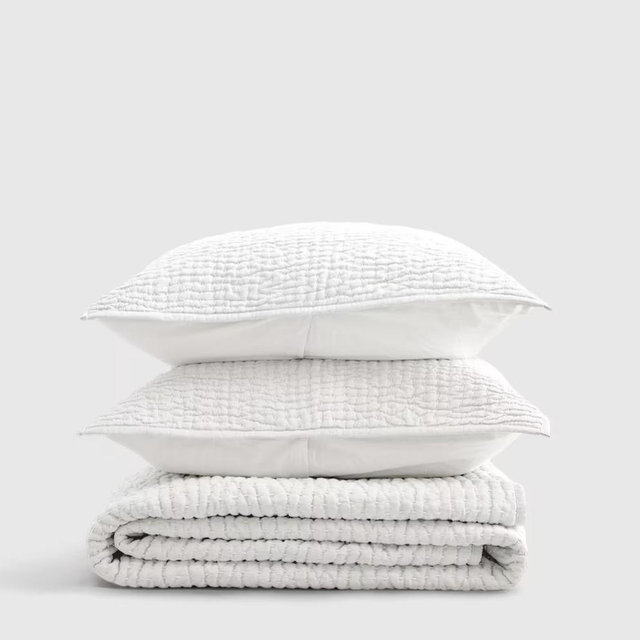 European Linen Cotton Stitch Quilt Set - White, King/Cal King