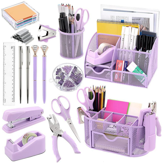 17 in 1 Purple Desk Organizers and Accessories Set, 3 Office Desk Supplies Storage Organization, 4 Pens, Stapler, Staples & Remover, Tape & Dispenser, Scissors, Ruler, Clips, Hole Punch Back to School