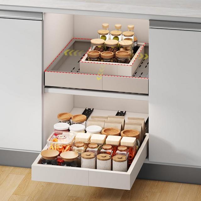 Pull out Cabinet Organizer,Width (11"-16") and Depth (17"-24") Expandable With 3 Rails,No Drill Adjustable Slide out Drawers for Kitchen,Pantry,Adhesive Roll out Shelves,for Cabinets Without Lip,White