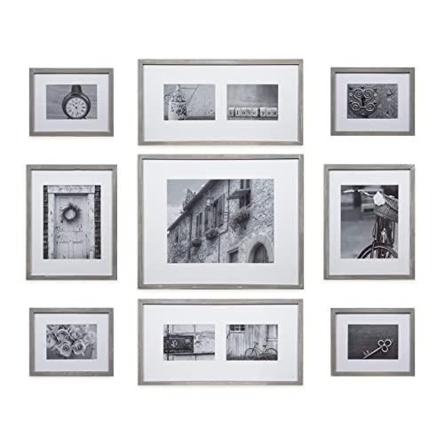 Gallery Perfect Decorative Art Prints & Hanging Template 9 Piece Greywash Wood Photo Frame Wall Gallery Kit, Grey