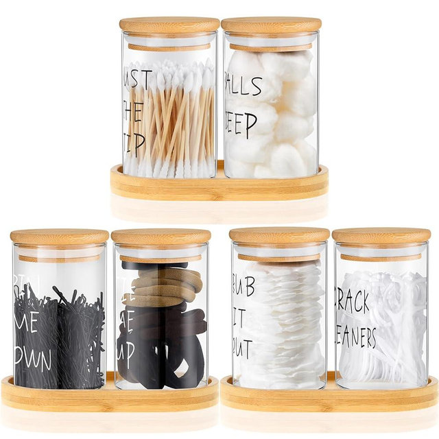 Tessco 6 Pcs Cotton Ball Holder Apothecary Jars with Lids Glass 3 Pcs Bamboo Tray Oval Plate Bathroom Decor Clear Cotton Ball Holder Bathroom Organizer Countertop Bathroom Storage Containers