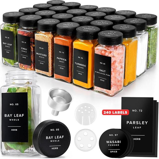 EDELHAUS Glass Spice Jars with Labels (24 x 4oz) Spice Containers with 240 Labels, Shaker Inserts, Funnel, Empty Square Empty Square Seasoning Organizer (Black Lids)