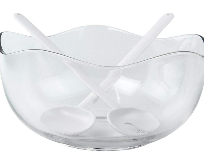 Clear Glass Salad Serving Bowl with Mixing Tongs, Large - 10-inch x 5-inch