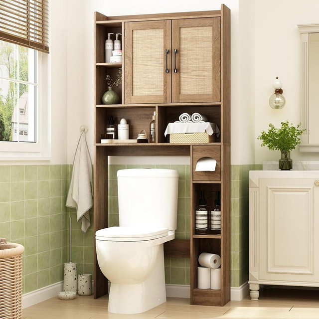 RUSTOWN Rattan Over The Toilet Storage Cabinet,Boho Over Toilet Bathroom Organizer with 2 Doors & Adjustable Shelves,Modern Above Toilet Rack with Toilet Paper Holder for Bathroom (Rustic Oak)