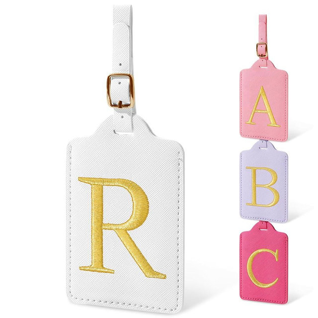 Personalized Initial Luggage Tags for Suitcases, Cute PU Leather Embroidered Letter Travel Luggage Tags, Suitcase Identifier Name Baggage Tag, Bag Tags for Men Women Kids Luggage Handbags(White R)