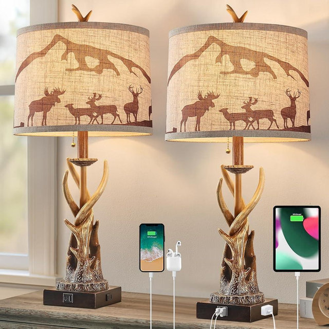 BOWOBO Antler Table Lamps Set of 2 for Bedroom, Farmhouse Rustic Antler Deer Bedside Lamps with USB A+C Ports for Living Room End Table Hunting Themed Cabin Lamp Pull Chain Linen
