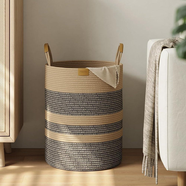 Nunsino 62L Striped Laundry Hamper with Leather Handles,Large Foldable Laundry Basket for Clothes,Cotton Rope Storage Bin for Blankets,Woven Clothes Basket for Bedroom,Dark Brown Stripes