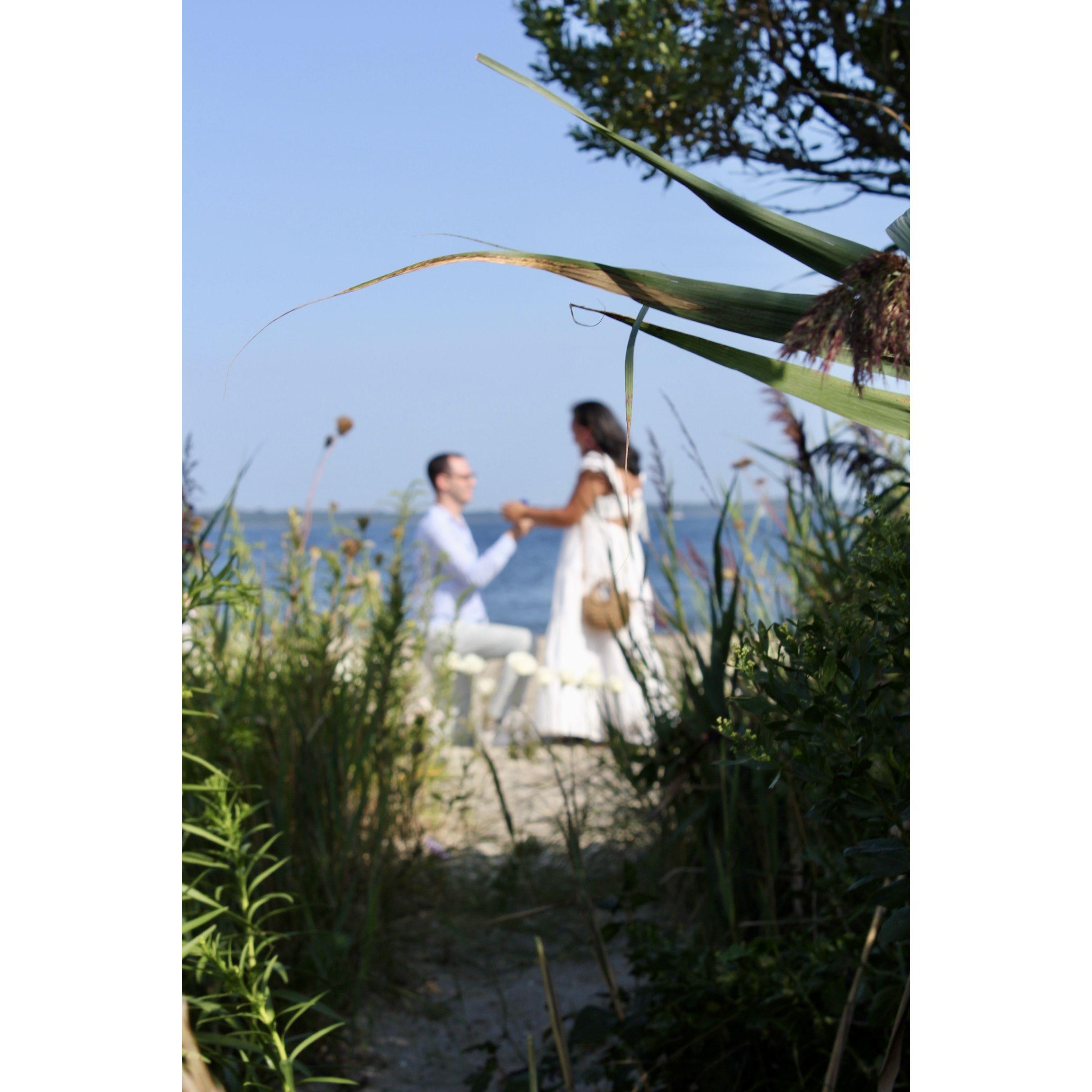Sandy Point Beach, Rhode Island in August 2024. Josh proposed on our 9 year anniversary on a beautiful little beach just a few miles from Dora's childhood home.
