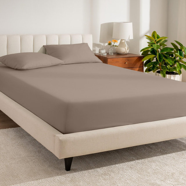 100% Organic Cotton Percale Cooling Fitted Sheet by Bare Home - Queen, Taupe