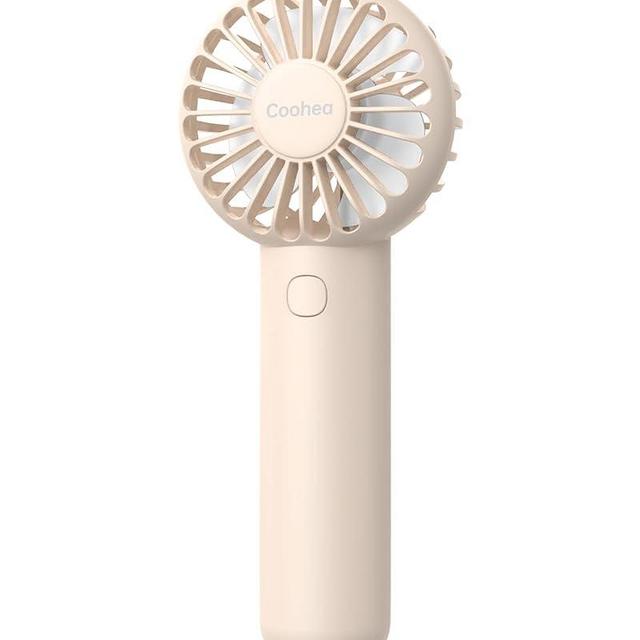 Coohea Mini Handheld Fan, Small Cute Design, 3 Powerful Speeds, USB Rechargeable Battery Operated, Personal Portable Fan with Base & Lanyard, for Eyelash Makeup Travel Beach Office Desk, Beige