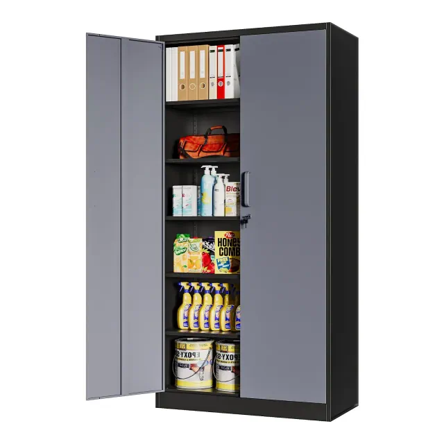 Mlezan Metal Storage Cabinets with Lock,71"Garage Storage Cabinet with 2 Door and 5 Adjustable Shelves,for Home,Office,Gym, Garage（GreyBLack）