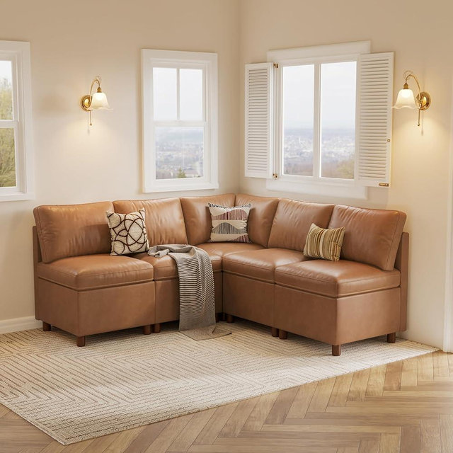 SITJOY Breakfast Nook Bench with Storage, Modular Corner Kitchen Banquette Seating, Dining Settee Couch, Upholstered Dining Bench with Back, Pet-Friendly Faux Leather in Brown, L Shaped 5 Seats