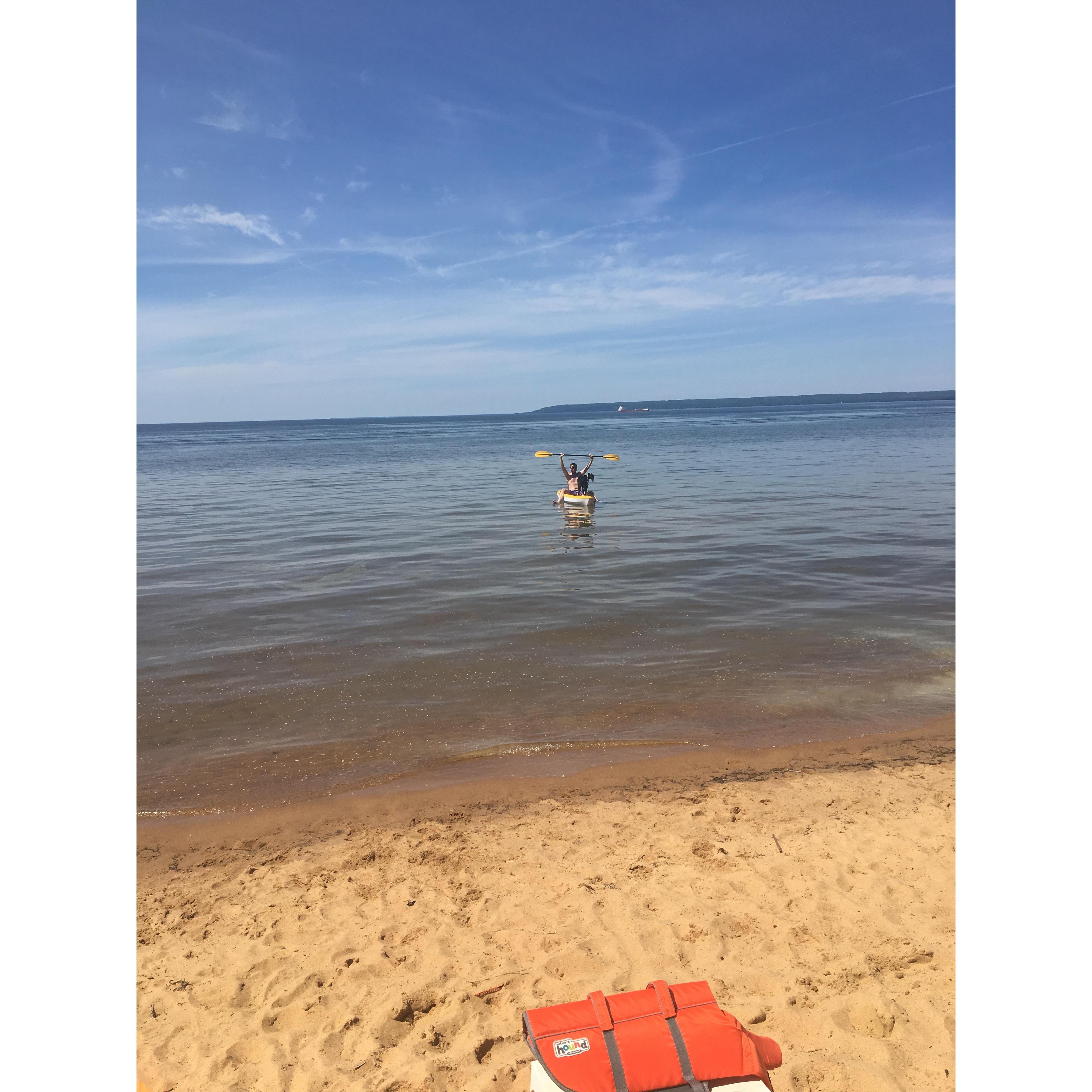 July 2019 - Jack kayaking with Daisy at Mallory's family's cabin in Brimley, Michigan.