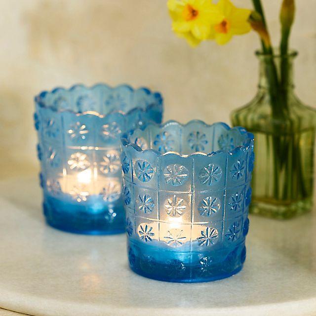 Etched Daisy Glass Votives, Set of 2