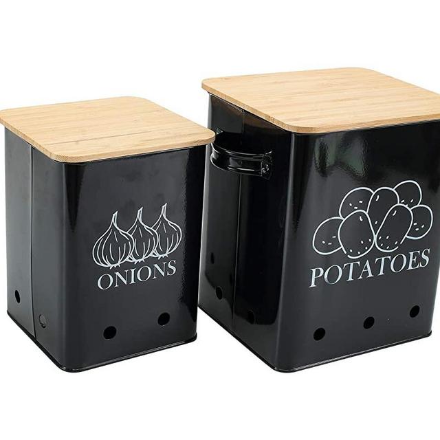 Kitchen Vegetable Storage Tins Set of 2 for Potatoes, Onion, with wooden lid Garlic Bin Caddy, Long Shelf Life-Black