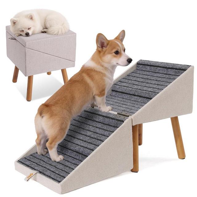 17.13" H Dog Stairs for Small Dogs, 2-in-1 Pet Steps & Ottoman - Foldable Dog Stairs for Couch, Non-Slip Wooden Pet Stairs for Puppy Senior Injured Dogs (Light Beige)