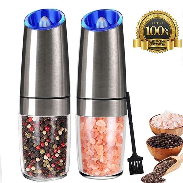 Gravity Electric Salt and Pepper Grinder Set, Automatic Pepper and Salt Mill Grinder,Battery-Operated with Adjustable Coarseness, Premium Stainless Steel with LED Light, One Hand Operated