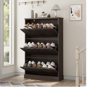 IdealHouse Large Fluted Shoe Cabinet with 3 Flip Drawers Narrow Storage Cabinet with Adjustable Removable Shelves Modern Freestanding Shoe Organizer for Entryway Hallway Walnut