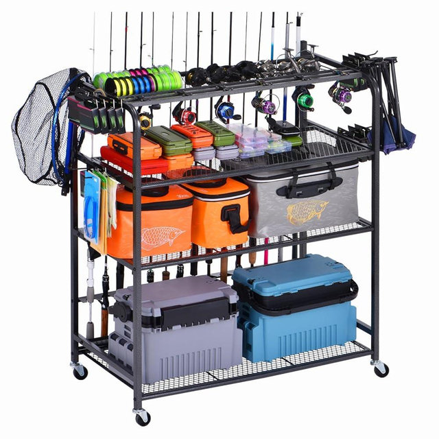 Bknius Fishing Rod Holder for Garage, Fishing Pole Holders for 15 Rods 38 * 17", Fishing Rod Rack Basement, Fishing Pole Rack Metal Black with Big Wheels, 4-Tier