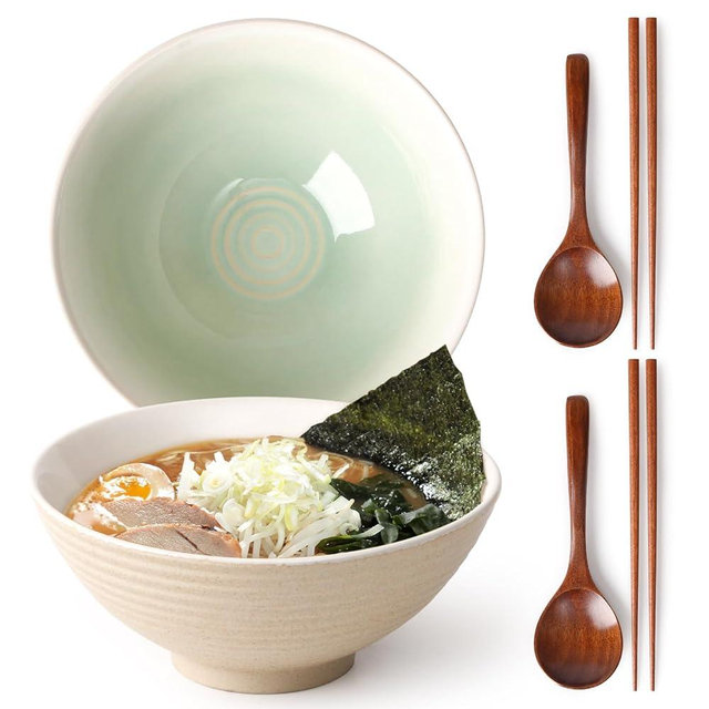 NUTRIUPS 8 Inch Ceramic Ramen Bowl Set of 2 Pho Bowls 40oz Japanese Noodle Udon Soup Bowls with Spoons and Chopsticks (Teal)