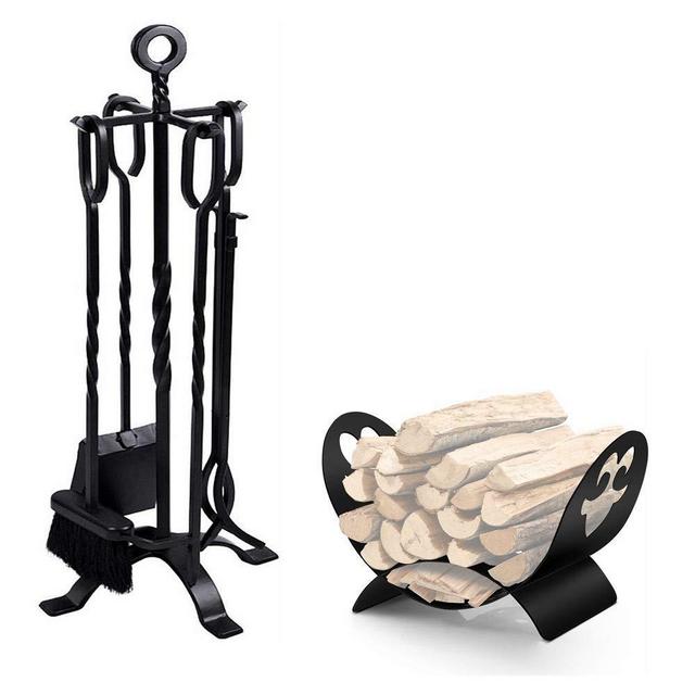 Amagabeli 5 Pieces Fireplace Tools Set Indoor Bundle Firewood Rack Indoor Carrier Metal