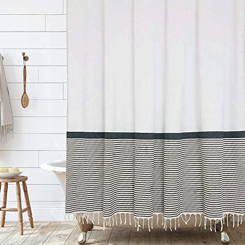 Modern Farmhouse Tassel Shower Curtain Soft White and Black Striped Fabric Shower Curtain Bathroom Decor, 72x72